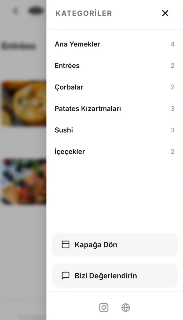 QRise menü kategorileri