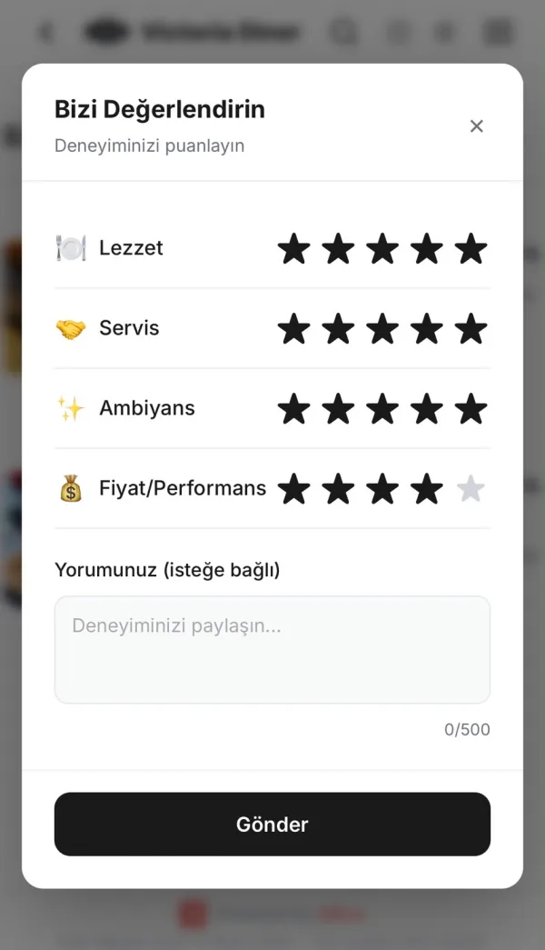 QRise müşteri değerlendirme ekranı